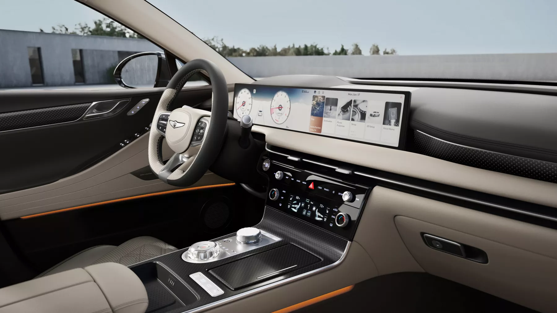 Genesis G80 interior with Ash Gray and Vanilla Beige leather, wide digital display and refined cente…