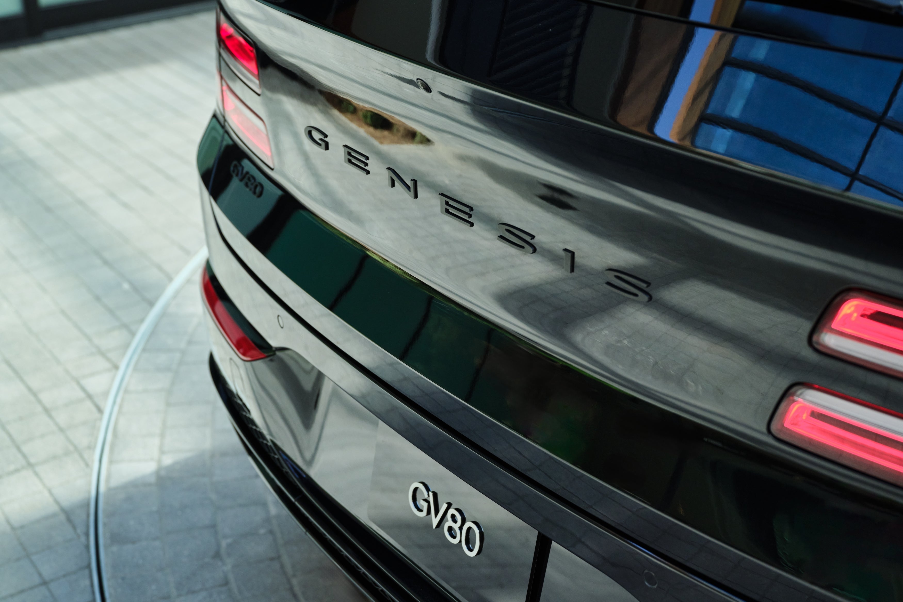 A closeup shot of the back of the new 2026 Genesis GV80 in Phoenix.